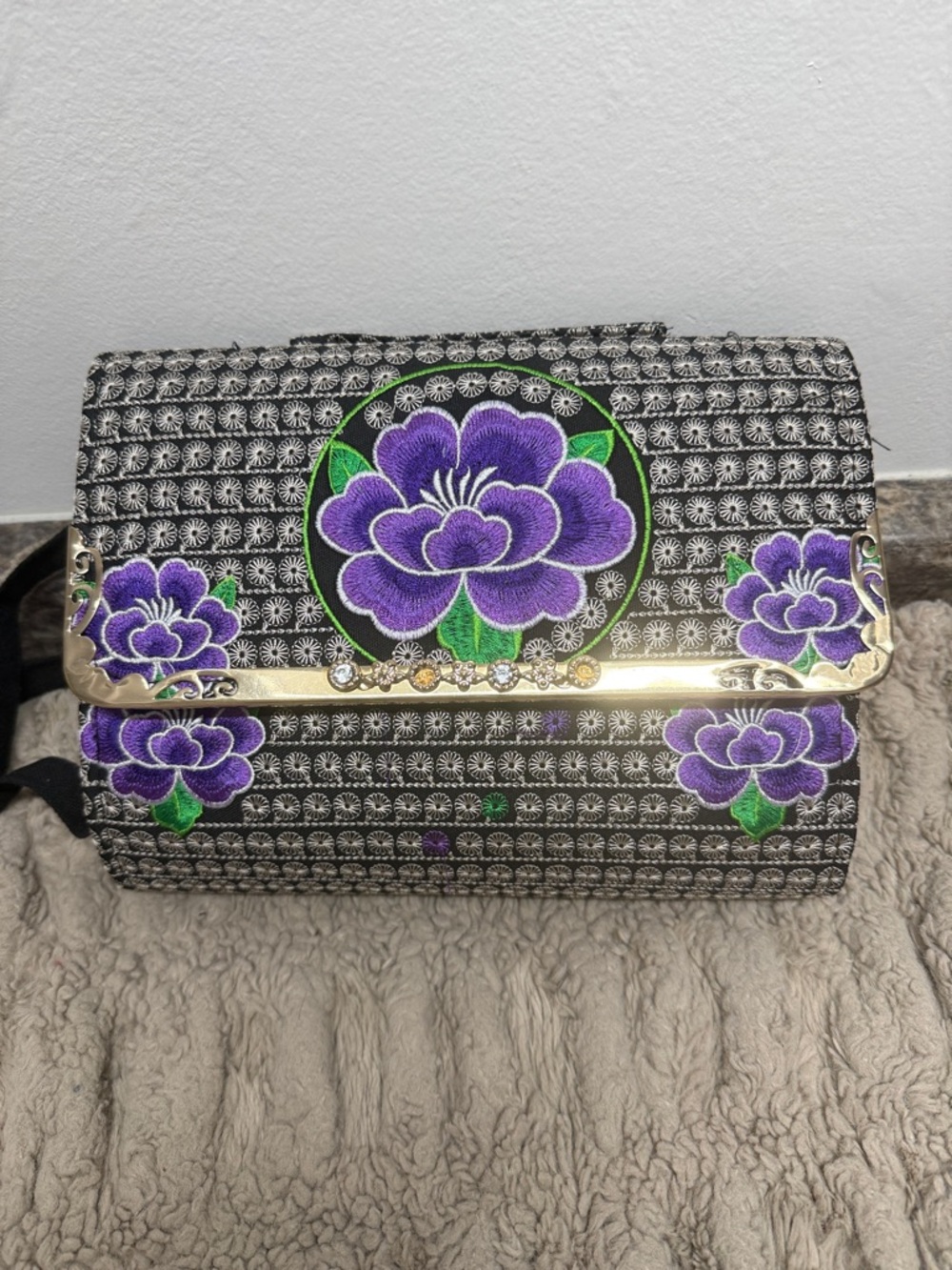 Embroidered Purple Floral Clutch Bag with Gold Accent